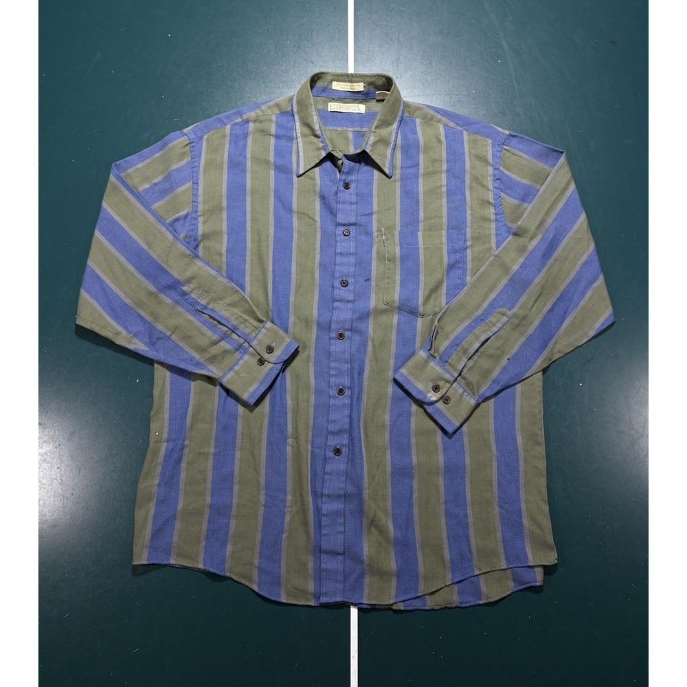 Vintage Vertical Striped Woven Button-Up Shirt Men XL Blue Green Herringbone 70s